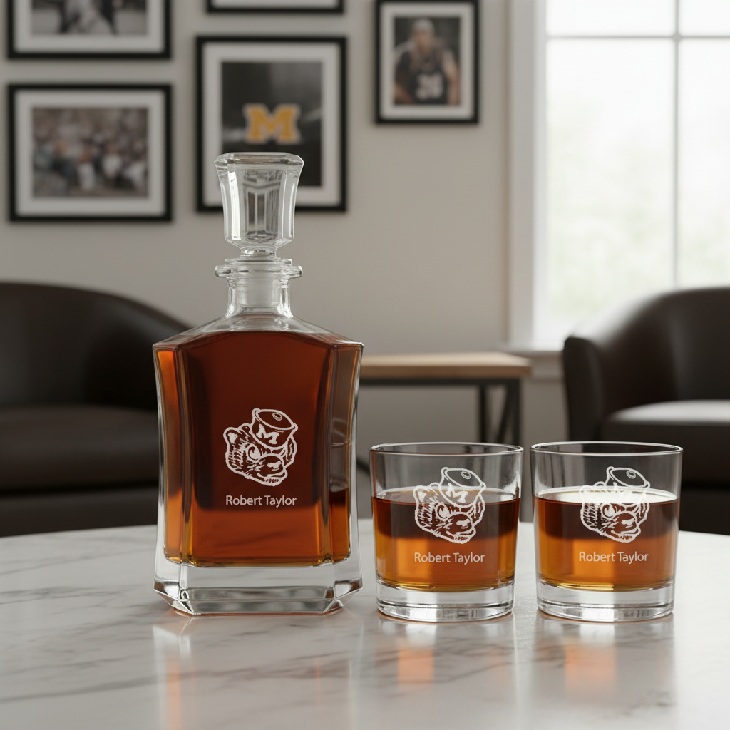 Engraved Michigan Wolverines- Personalized Crown Classic Decanter Set Whiskey Glasses