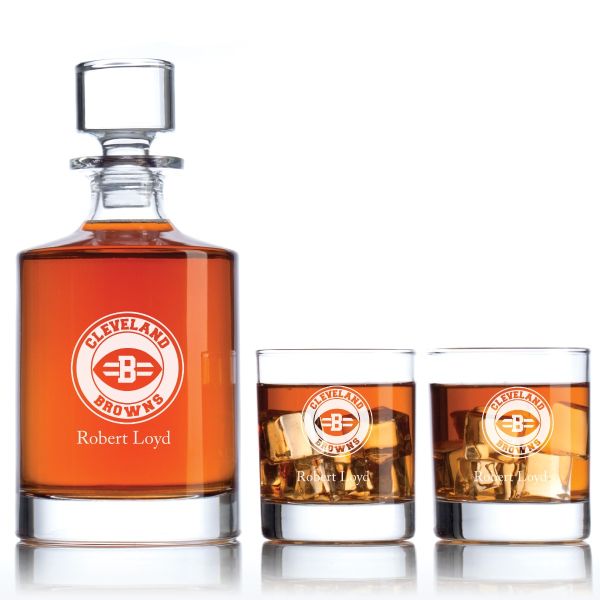 Personalized Cleveland Browns Round Seal Football Decanter Set - Football Fanatic Gift Ideas - Bellagio Personalized Whiskey Decanter Set
