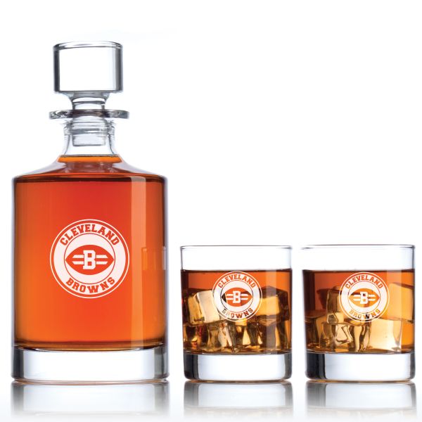 Personalized Cleveland Browns Round Seal Football Decanter Set - Football Fanatic Gift Ideas - Bellagio Personalized Whiskey Decanter Set