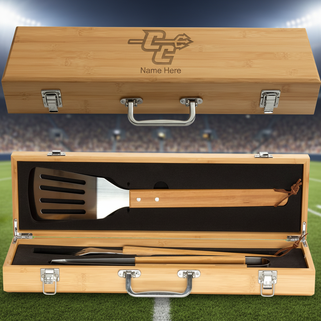 Personalized Central Connecticut Blue Devils University BBQ Set - Football Fanatic Gift Ideas - Personalized Bamboo BBQ Set