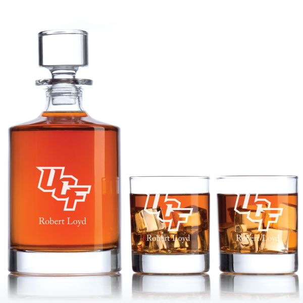 Personalized Central Florida Knights University Decanter Set - Football Fanatic Gift Ideas - Bellagio Personalized Whiskey Decanter
