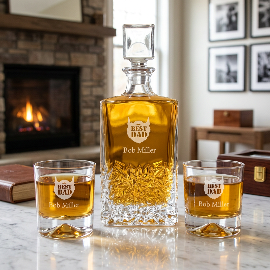 Engraved Best Beard Dad - Personalized Excalibur Decanter Set with Whiskey Glasses