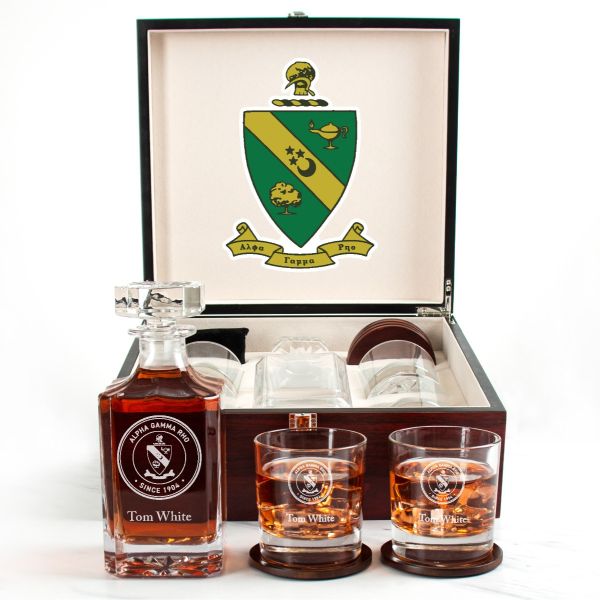 Custom Engraved Alpha Gamma Rho - Personalized Whiskey Decanter Set In Cherry Wood Gift Box - Fraternity Seal