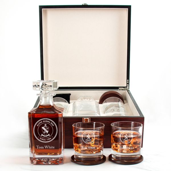 Custom Engraved Alpha Gamma Rho - Personalized Whiskey Decanter Set In Cherry Wood Gift Box - Fraternity Seal