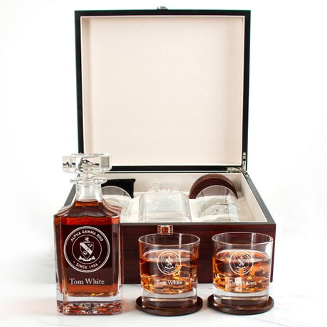 Custom Engraved Alpha Gamma Rho - Personalized Whiskey Decanter Set In Cherry Wood Gift Box - Fraternity Seal