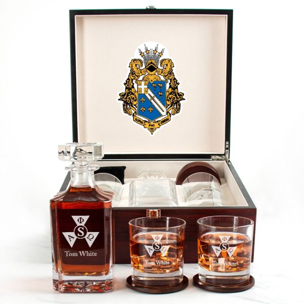 Custom Engraved Alpha Phi Omega - Personalized Whiskey Decanter Set In Cherry Wood Gift Box - Service Pin Logo