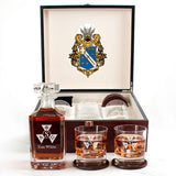 Custom Engraved Alpha Phi Omega - Personalized Whiskey Decanter Set In Cherry Wood Gift Box - Service Pin Logo
