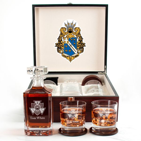 Custom Engraved Alpha Phi Omega - Personalized Whiskey Decanter Set In Cherry Wood Gift Box - Fraternity Badge Logo