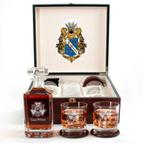 Custom Engraved Alpha Phi Omega - Personalized Whiskey Decanter Set In Cherry Wood Gift Box - Fraternity Badge Logo