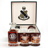 Custom Engraved Alpha Sigma Phi - Personalized Whiskey Decanter Set In Cherry Wood Gift Box - Fraternity Seal