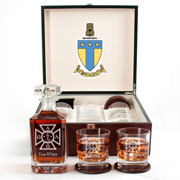 Custom Engraved Alpha Tau Omega - Personalized Whiskey Decanter Set In Cherry Wood Gift Box - Fraternity Seal