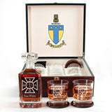 Custom Engraved Alpha Tau Omega - Personalized Whiskey Decanter Set In Cherry Wood Gift Box - Fraternity Seal