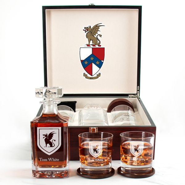 Custom Engraved Beta Theta Pi - Personalized Whiskey Decanter Set In Cherry Wood Gift Box - Dragon Shield Logo