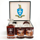 Custom Engraved Sigma Chi - Personalized Whiskey Decanter Set In Cherry Wood Gift Box - Fraternity Badge