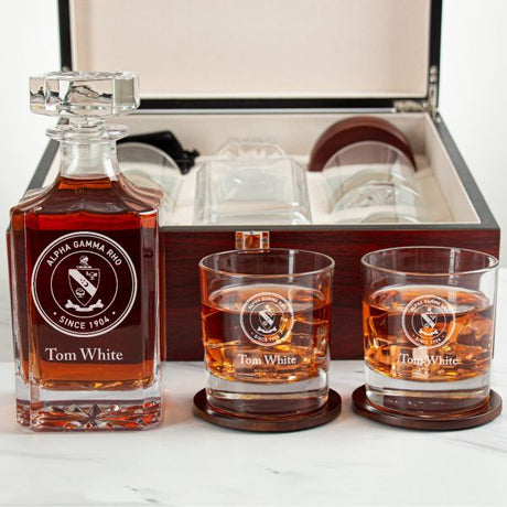 Custom Engraved Alpha Gamma Rho - Personalized Whiskey Decanter Set In Cherry Wood Gift Box - Fraternity Seal
