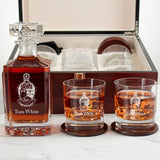 Custom Engraved Alpha Kappa Psi - Personalized Whiskey Decanter Set In Cherry Wood Gift Box - Coat of Arms