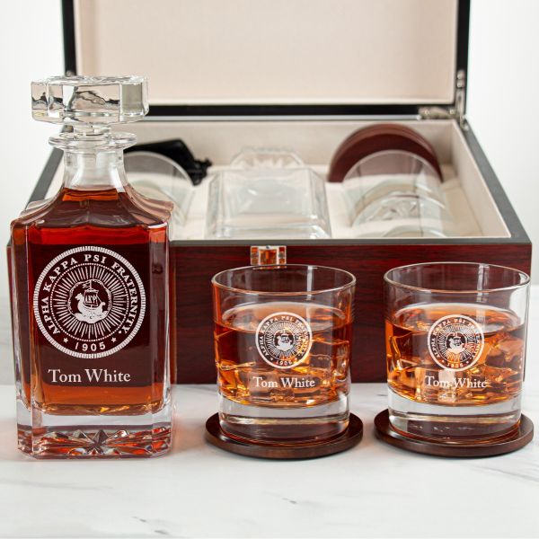 Custom Engraved Alpha Kappa Psi - Personalized Whiskey Decanter Set In Cherry Wood Gift Box - Fraternity Seal