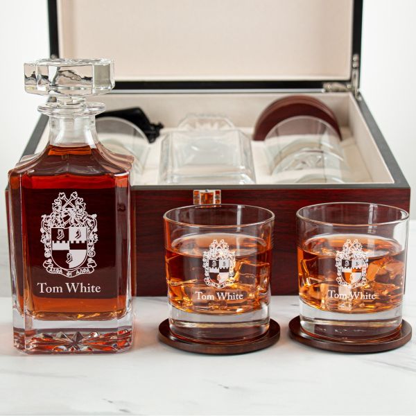 Custom Engraved Alpha Phi Alpha - Personalized Whiskey Decanter Set In Cherry Wood Gift Box - Coat of Arms