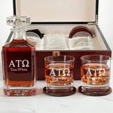 Custom Engraved Alpha Tau Omega - Personalized Whiskey Decanter Set In Cherry Wood Gift Box