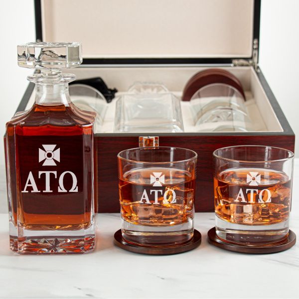 Custom Engraved Alpha Tau Omega - Personalized Whiskey Decanter Set In Cherry Wood Gift Box - Primary Fraternity Logo