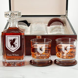 Custom Engraved Beta Theta Pi - Personalized Whiskey Decanter Set In Cherry Wood Gift Box - Dragon Shield Logo