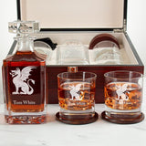 Custom Engraved Beta Theta Pi - Personalized Whiskey Decanter Set In Cherry Wood Gift Box - Fraternity Dragon Logo