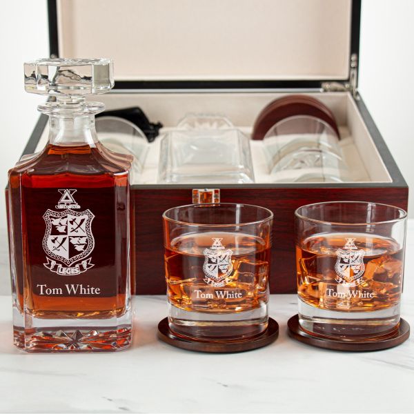 Custom Engraved Delta Chi - Personalized Whiskey Decanter Set In Cherry Wood Gift Box - Coat of Arms