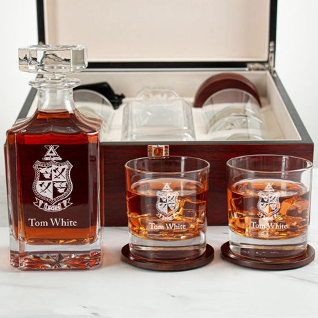 Custom Engraved Delta Chi - Personalized Whiskey Decanter Set In Cherry Wood Gift Box - Coat of Arms