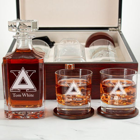 Custom Engraved Delta Chi - Personalized Whiskey Decanter Set In Cherry Wood Gift Box - Fraternity Monogram