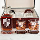 Custom Engraved Delta Chi - Personalized Whiskey Decanter Set In Cherry Wood Gift Box - Fraternity Shield