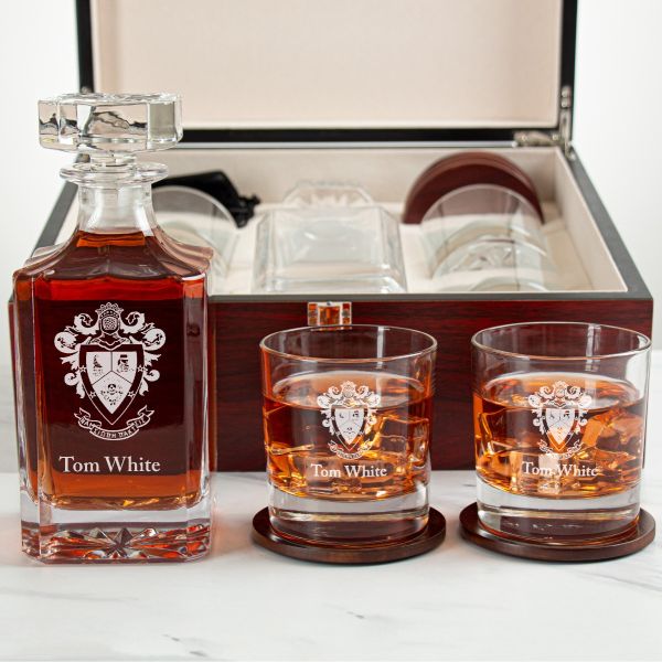 Custom Engraved Delta Sigma Pi - Personalized Whiskey Decanter Set In Cherry Wood Gift Box - Coat of Arms