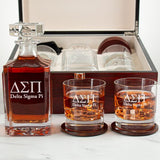 Custom Engraved Delta Sigma Pi - Personalized Whiskey Decanter Set In Cherry Wood Gift Box - Fraternity Logo