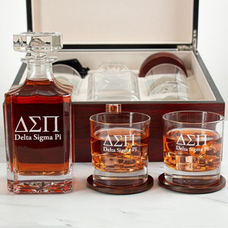 Custom Engraved Delta Sigma Pi - Personalized Whiskey Decanter Set In Cherry Wood Gift Box - Fraternity Logo