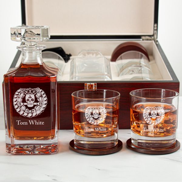 Custom Engraved Delta Sigma Pi - Personalized Whiskey Decanter Set In Cherry Wood Gift Box - Fraternity Badge