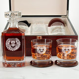 Custom Engraved Delta Sigma Pi - Personalized Whiskey Decanter Set In Cherry Wood Gift Box - Fraternity Badge