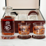 Custom Engraved Delta Tau Delta - Personalized Whiskey Decanter Set In Cherry Wood Gift Box - Coat of Arms