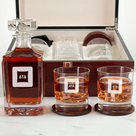 Custom Engraved Delta Tau Delta - Personalized Whiskey Decanter Set In Cherry Wood Gift Box - Fraternity Badge