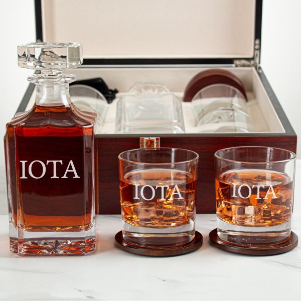 Custom Engraved Iota Phi Theta - Personalized Whiskey Decanter Set In Cherry Wood Gift Box - Primary Fraternity Logo