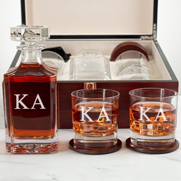 Custom Engraved Kappa Alpha - Personalized Whiskey Decanter Set In Cherry Wood Gift Box