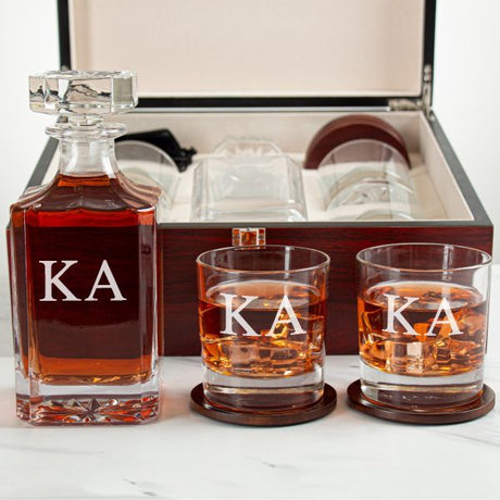 Custom Engraved Kappa Alpha - Personalized Whiskey Decanter Set In Cherry Wood Gift Box