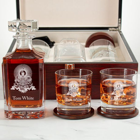 Custom Engraved Kappa Alpha - Personalized Whiskey Decanter Set In Cherry Wood Gift Box - Coat of Arms