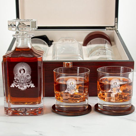 Custom Engraved Kappa Alpha - Personalized Whiskey Decanter Set In Cherry Wood Gift Box - Coat of Arms