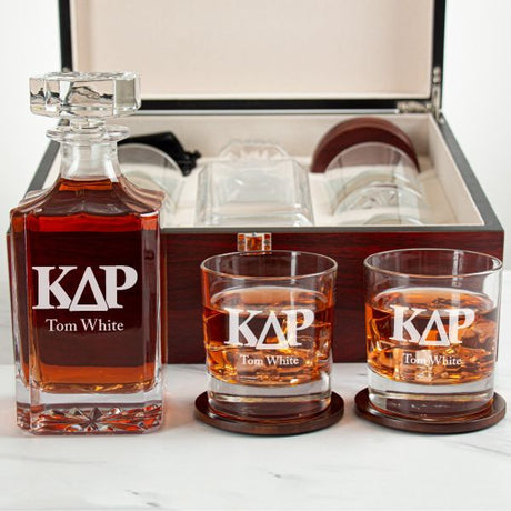 Custom Engraved Kappa Delta Rho - Personalized Whiskey Decanter Set In Cherry Wood Gift Box - Official Letters