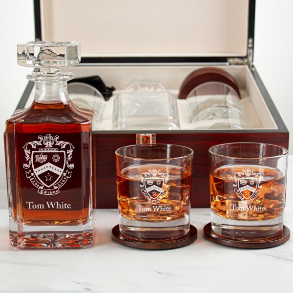 Custom Engraved Kappa Kappa Psi - Personalized Whiskey Decanter Set In Cherry Wood Gift Box - Coat of Arms