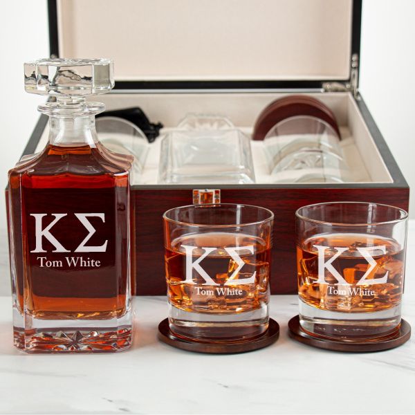Custom Engraved Kappa Sigma - Personalized Whiskey Decanter Set In Cherry Wood Gift Box