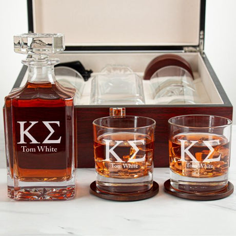 Custom Engraved Kappa Sigma - Personalized Whiskey Decanter Set In Cherry Wood Gift Box