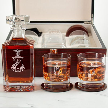 Custom Engraved Kappa Sigma - Personalized Whiskey Decanter Set In Cherry Wood Gift Box - Coat of Arms