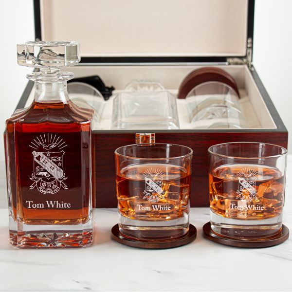 Custom Engraved Phi Beta Sigma - Personalized Whiskey Decanter Set In Cherry Wood Gift Box - Coat of Arms