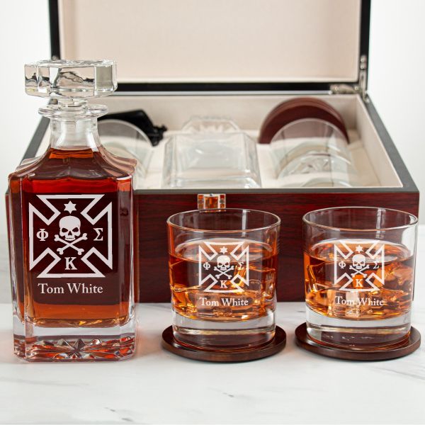 Custom Engraved Phi Kappa Sigma - Personalized Whiskey Decanter Set In Cherry Wood Gift Box - Fraternity Member Badge