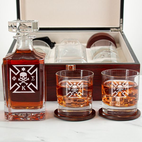 Custom Engraved Phi Kappa Sigma - Personalized Whiskey Decanter Set In Cherry Wood Gift Box - Fraternity Member Badge